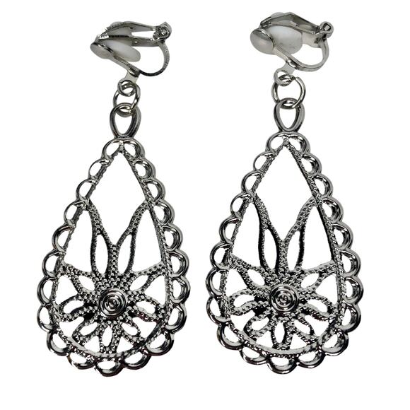 Silver Flower Teardrop Clip-On Earrings - Picture 3 of 3